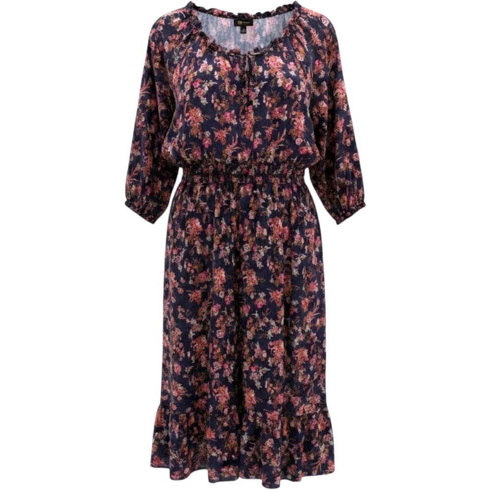 Frye Floral Midi Dress Womens Large Navy Blue Boho‎ Tassel Tie Smocked Waist